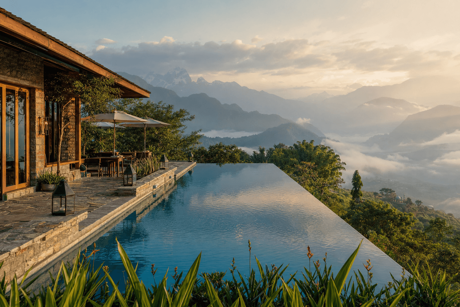 Luxury boutique mountain resort with infinity pool overlooking Himalayan valley